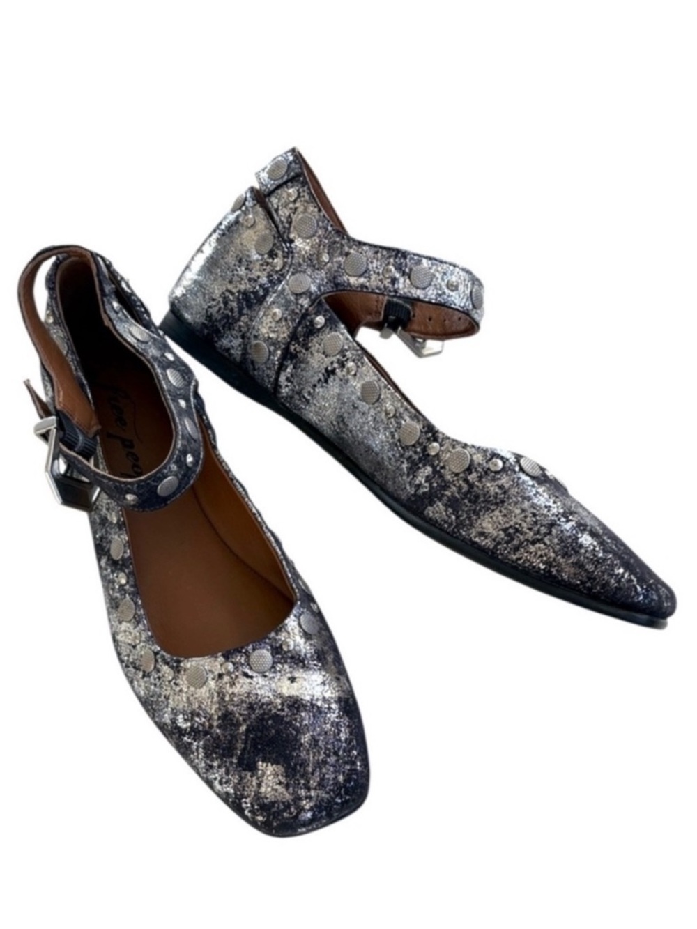 Free People Leather Mystic Mary Jane Flats Black Silver Size 8.5 LIKE NEW